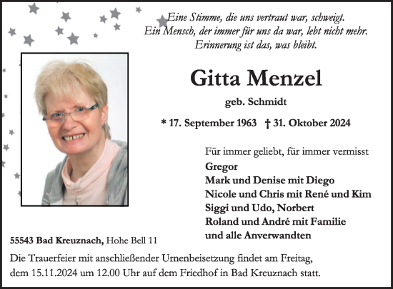 Traueranzeige von Gitta Menzel von WochenSpiegel