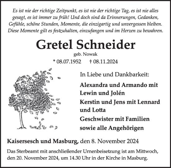 Traueranzeige von Gretel Schneider von WochenSpiegel