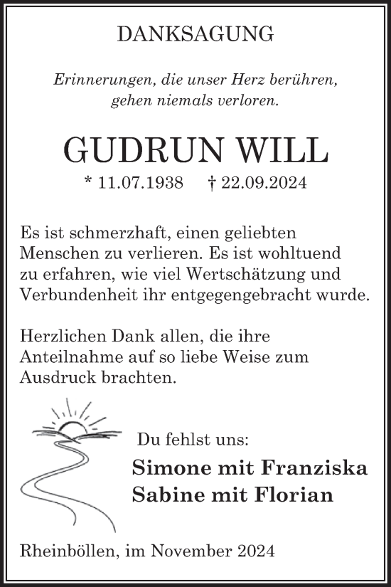 Traueranzeige von Gudrun Will von WochenSpiegel