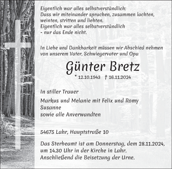 Traueranzeige von Günter Bretz von WochenSpiegel