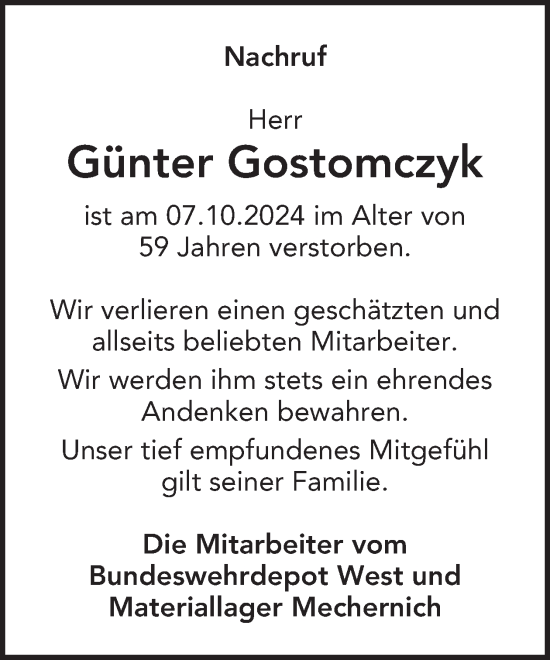 Traueranzeige von Günter Gostomczyk von WochenSpiegel
