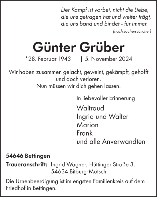 Traueranzeige von Günter Grüber von WochenSpiegel