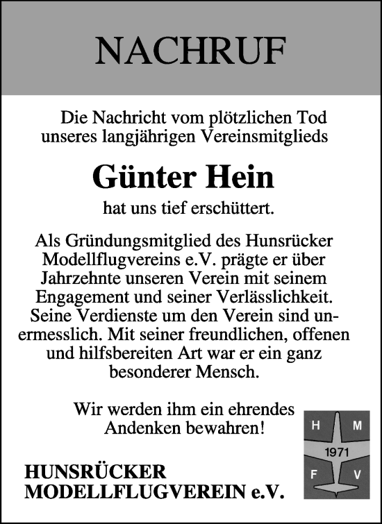 Traueranzeige von Günter Hein von WochenSpiegel