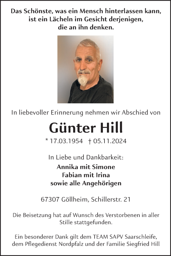 Traueranzeige von Günter Hill von WochenSpiegel