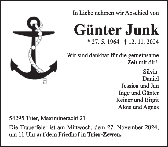 Traueranzeige von Günter Junk von WochenSpiegel