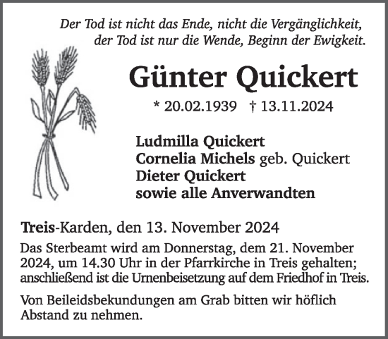 Traueranzeige von Günter Quickert von WochenSpiegel