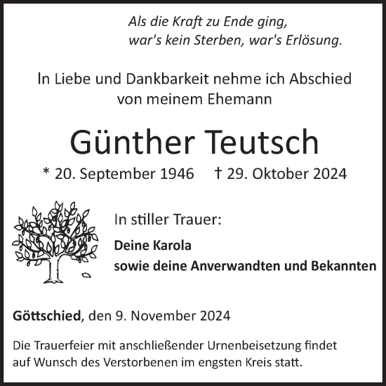 Traueranzeige von Günther Teutsch von WochenSpiegel