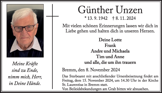 Traueranzeige von Günther Unzen von WochenSpiegel