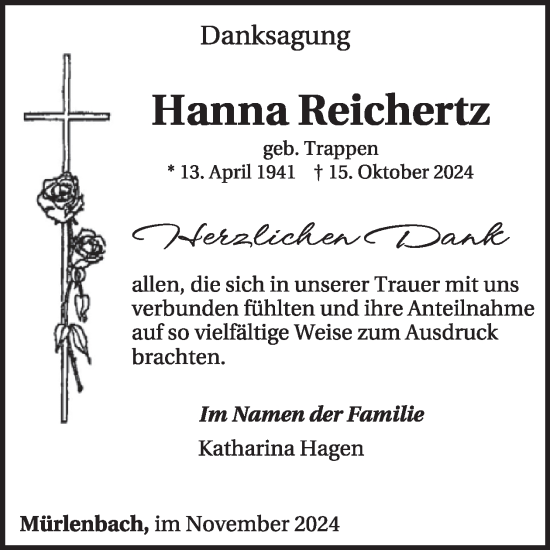 Traueranzeige von Hanna Reichertz von WochenSpiegel