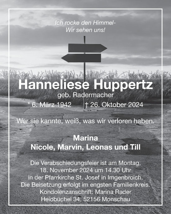 Traueranzeige von Hanneliese Huppertz von WochenSpiegel