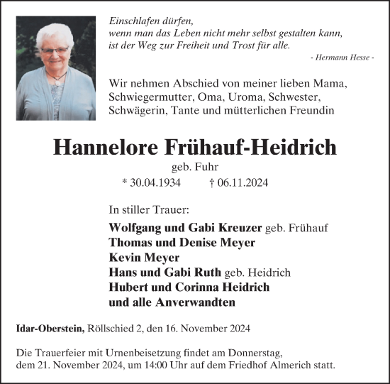 Traueranzeige von Hannelore Frühauf-Heidrich von WochenSpiegel