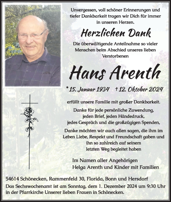 Traueranzeige von Hans Arenth von WochenSpiegel