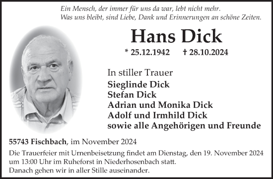 Traueranzeige von Hans Dick von WochenSpiegel