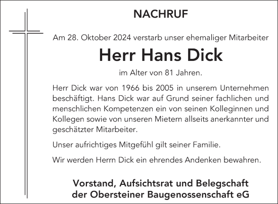 Traueranzeige von Hans Dick von WochenSpiegel