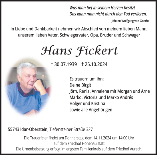 Traueranzeige von Hans Fickert von WochenSpiegel