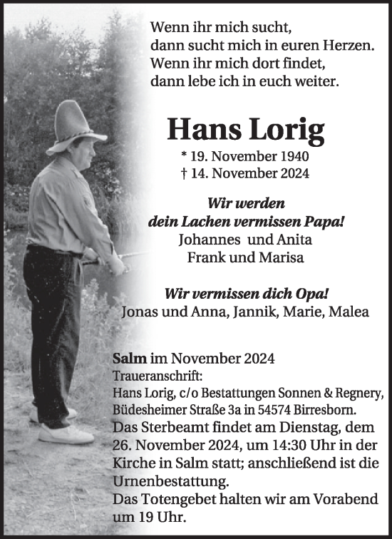 Traueranzeige von Hans Lorig von WochenSpiegel