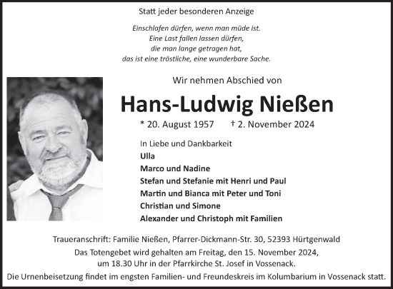 Traueranzeige von Hans-Ludwig Nießen von WochenSpiegel