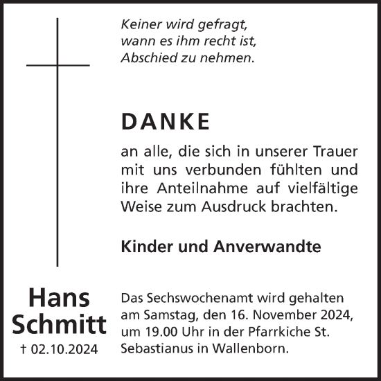 Traueranzeige von Hans Schmitt von WochenSpiegel