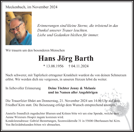 Traueranzeige von Hans Jörg Barth von WochenSpiegel