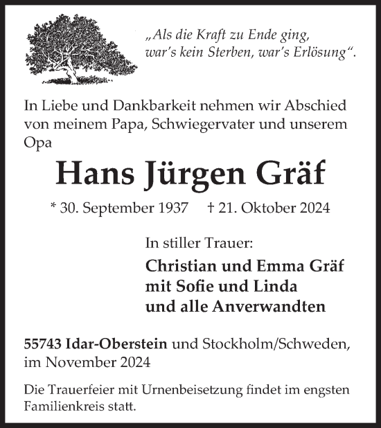 Traueranzeige von Hans Jürgen Gräf von WochenSpiegel