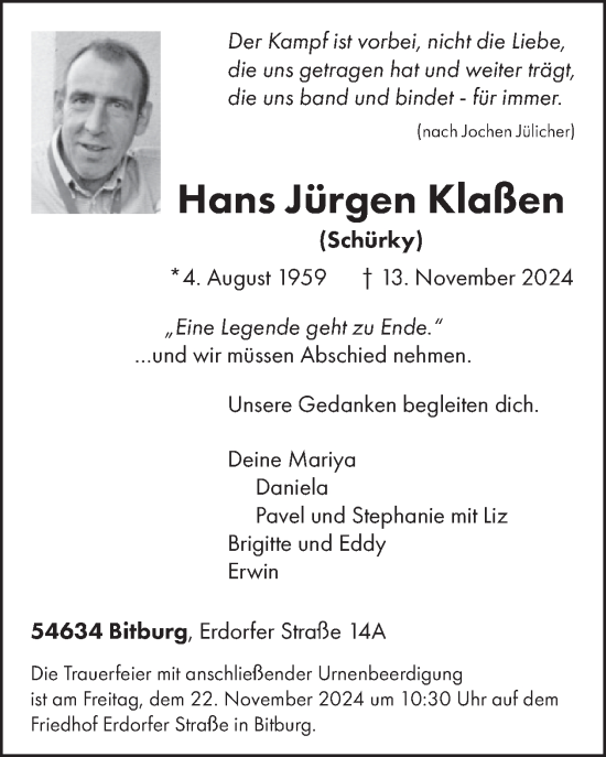 Traueranzeige von Hans Jürgen Klaßen von WochenSpiegel