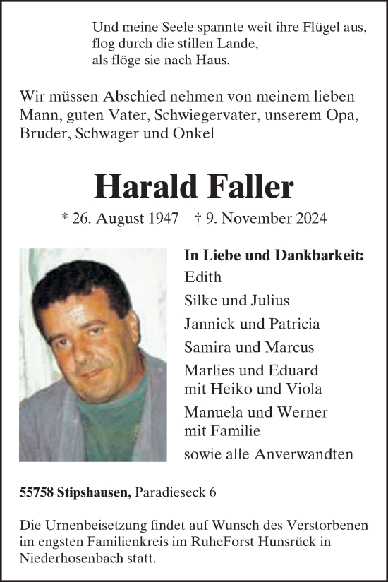 Traueranzeige von Harald Faller von WochenSpiegel