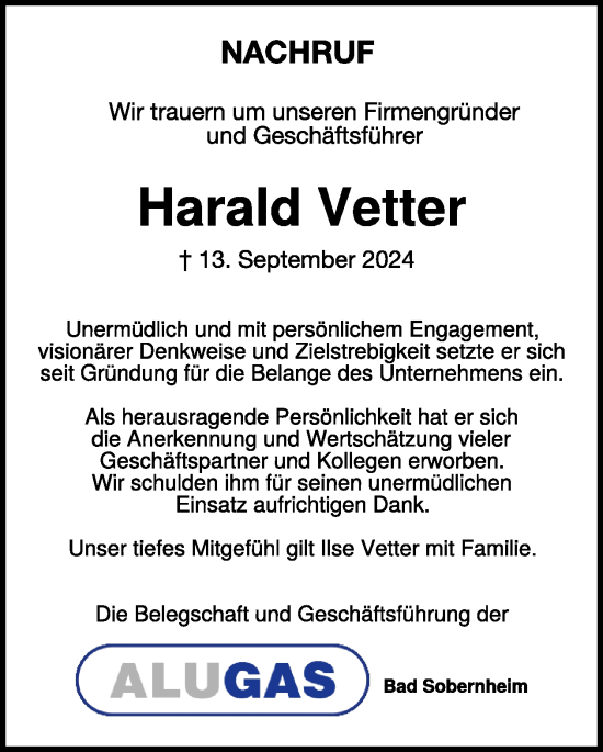 Traueranzeige von Harald Vetter von WochenSpiegel