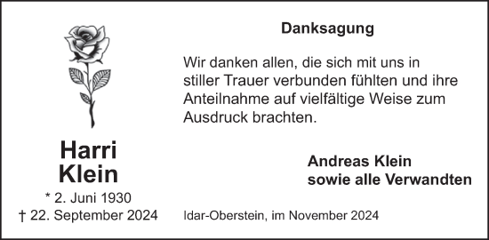 Traueranzeige von Harri Klein von WochenSpiegel