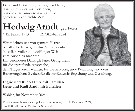 Traueranzeige von Hedwig Arndt von WochenSpiegel