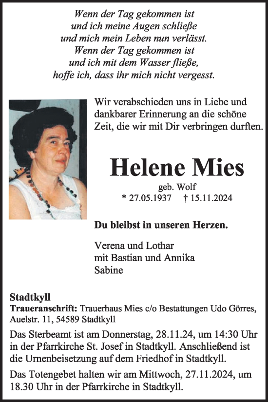 Traueranzeige von Helene Mies von WochenSpiegel