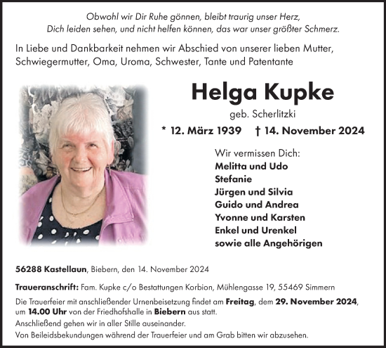 Traueranzeige von Helga Kupke von WochenSpiegel