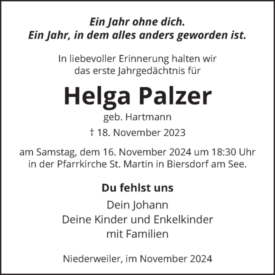 Traueranzeige von Helga Palzer von WochenSpiegel