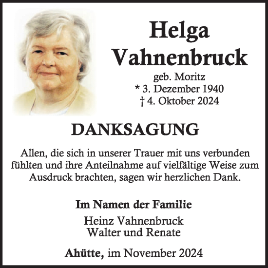 Traueranzeige von Helga Vahnenbruck von WochenSpiegel