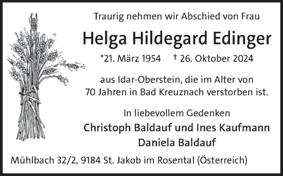 Traueranzeige von Helga Hildegard Edinger von WochenSpiegel