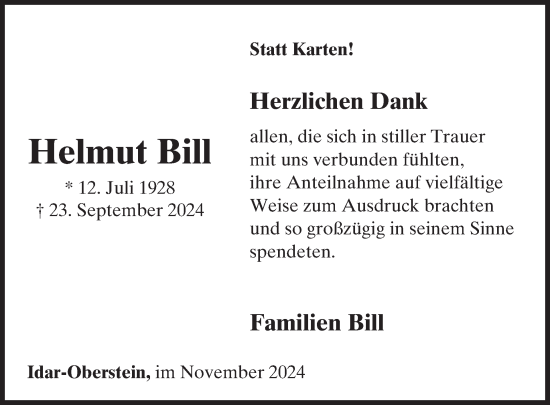 Traueranzeige von Helmut Bill von WochenSpiegel