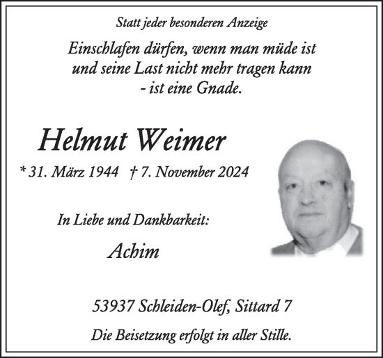 Traueranzeige von Helmut Weimer von WochenSpiegel