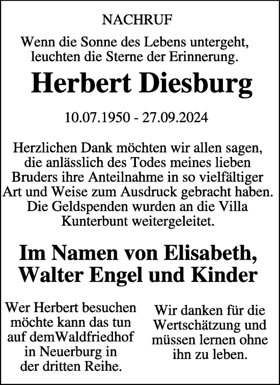 Traueranzeige von Herbert Diesburg von WochenSpiegel