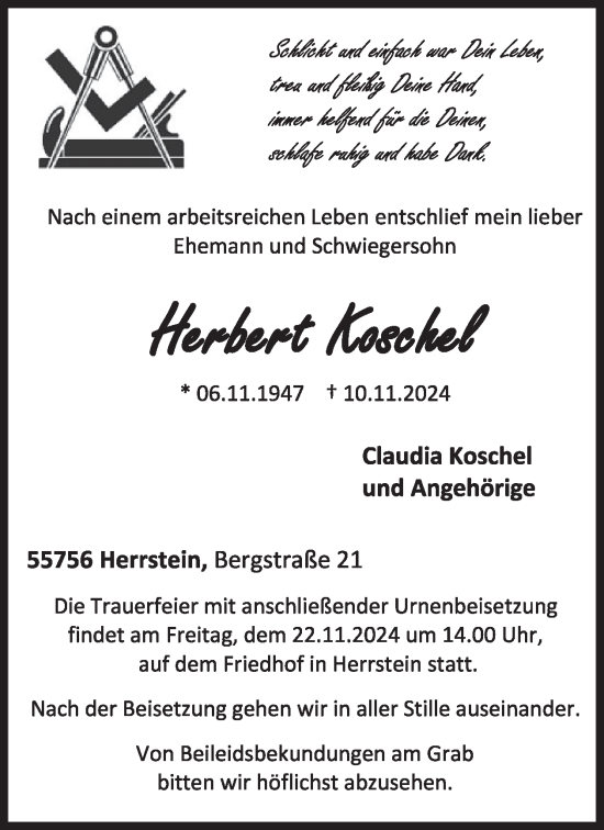 Traueranzeige von Herbert Koschel von WochenSpiegel