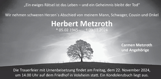 Traueranzeige von Herbert Metzroth von WochenSpiegel