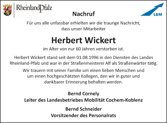 Traueranzeige von Herbert Wickert von WochenSpiegel