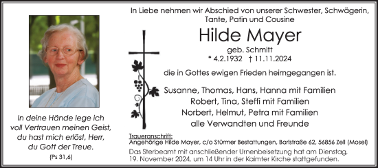 Traueranzeige von Hilde Mayer von WochenSpiegel