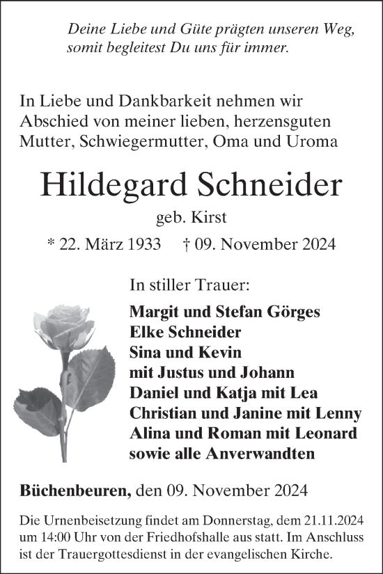 Traueranzeige von Hildegard Schneider von WochenSpiegel