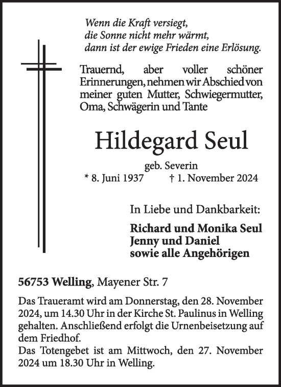 Traueranzeige von Hildegard Seul von WochenSpiegel