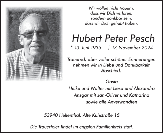 Traueranzeige von Hubert Peter Pesch von WochenSpiegel