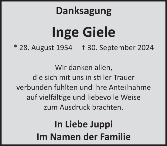 Traueranzeige von Inge Giele von WochenSpiegel