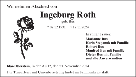 Traueranzeige von Ingeburg Roth von WochenSpiegel