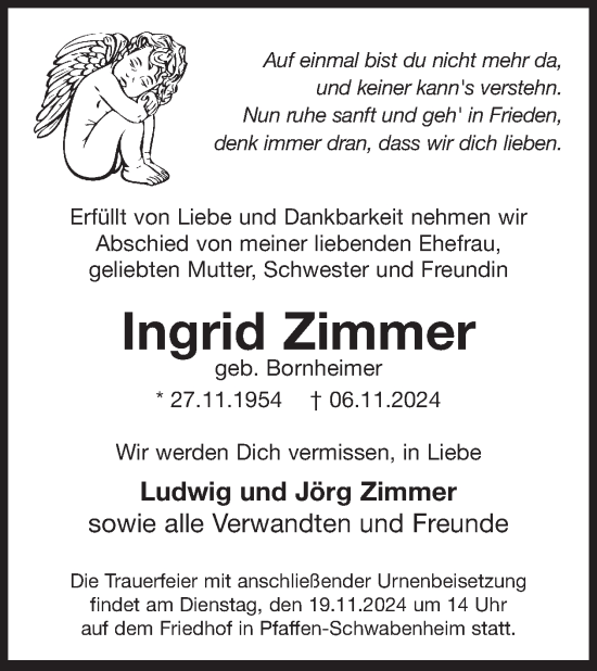 Traueranzeige von Ingrid Zimmer von WochenSpiegel