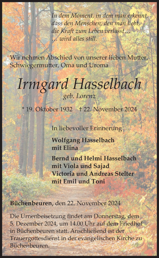 Traueranzeige von Irmgard Hasselbach von WochenSpiegel