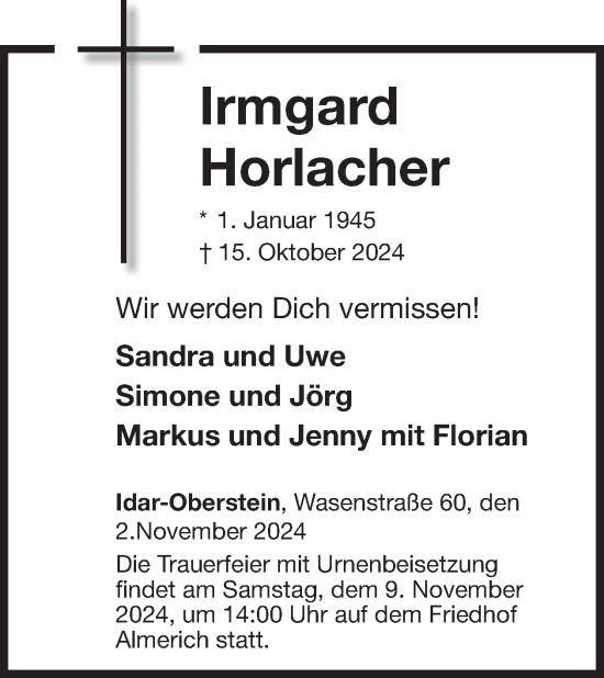 Traueranzeige von Irmgard Horlacher von WochenSpiegel