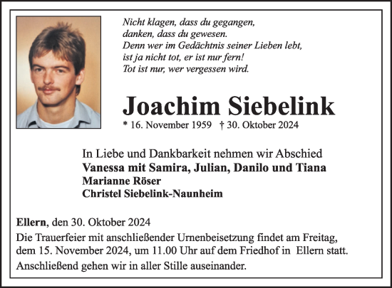 Traueranzeige von Joachim Siebelink von WochenSpiegel